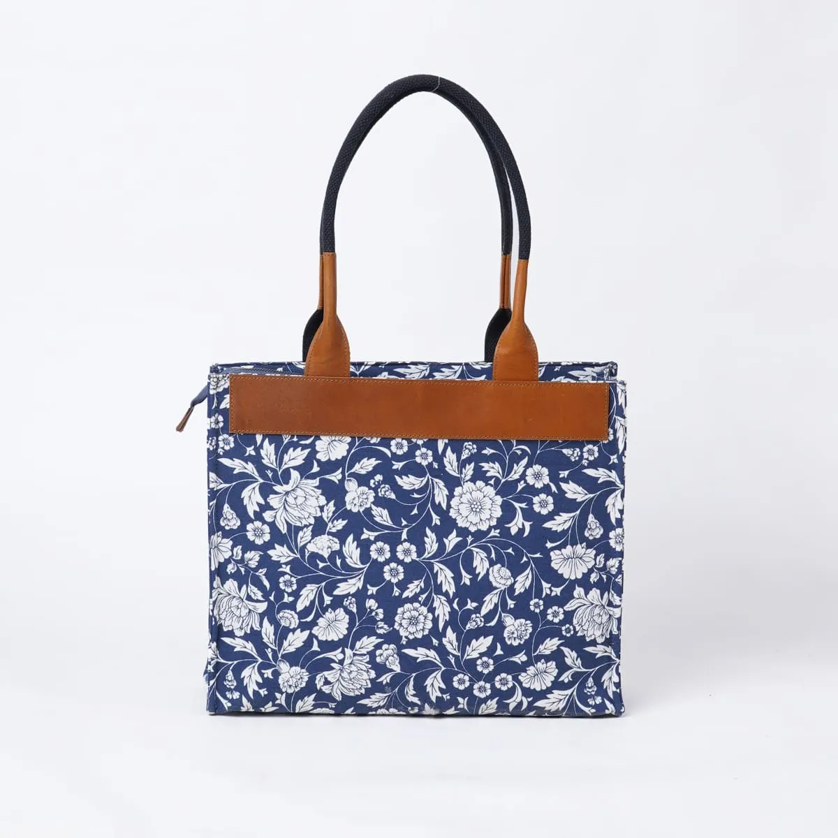Indigo print cotton and leather tote bag, large tote, shoulder bag