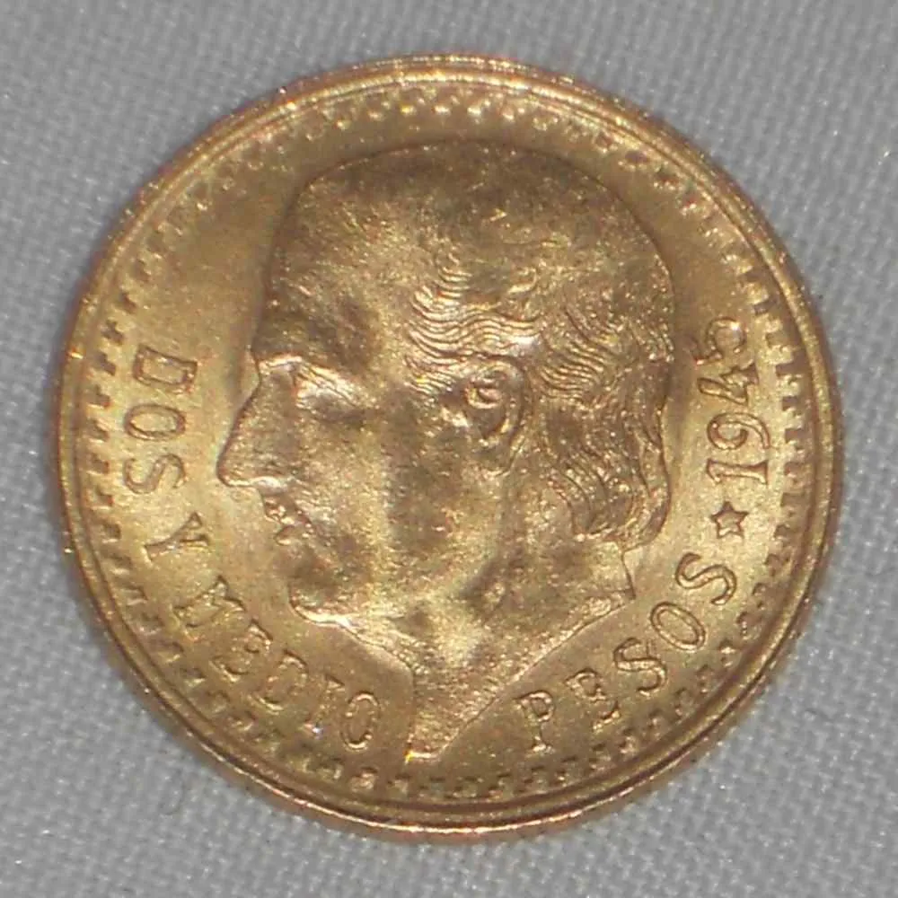 Lustrous 1945 Mexico Gold Coin Two and Half Pesos Miguel Hidalgo Mexico Arms AU 